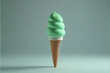 Ice cream in a waffle cone with green syrup on a pistachio background, copy space. Sweet food, creative 3d design. generative AI