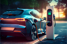 Electric Car Charging At A Gas Station In The City, Industrial Landscape, Neon Elements, Healthy Environment Without Harmful Emissions. Eco Concept. Generative AI