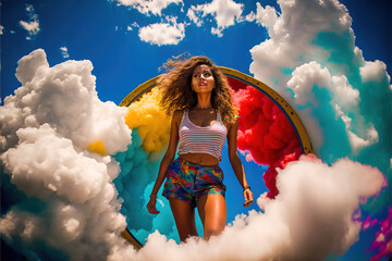 vivid cloud, bright colors creative portrait of a woman in a love costume in thick clouds and hearts