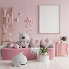 Mockup frame in the valentine's day with sofa on pink color wall.