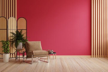 Viva magenta wall background mockup with armchair furniture and decor of the year 2023.