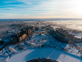 Aerial drone view Nur-Sultan, Kazakhstan Qazaqstan city center with skyscrapers and Baiterek Tower