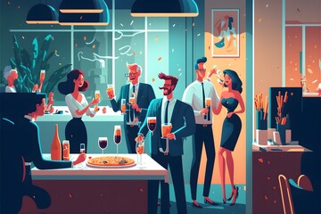 Modern flat vector illustration of business people drinking champagne and having a good time in the office at corporate. People activities concept . generative ai highly detailed