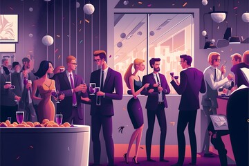 Modern flat vector illustration of business people drinking champagne and having a good time in the office at corporate. People activities concept . generative ai highly detailed