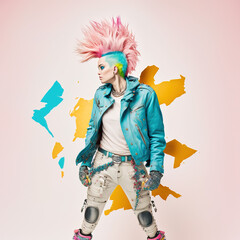 Colorful portrait of a modern hipster, punk girl with a vivid color hairstyle, eccentric girl who expresses musical style through styling, celebration and party. Illustration. Generative AI.