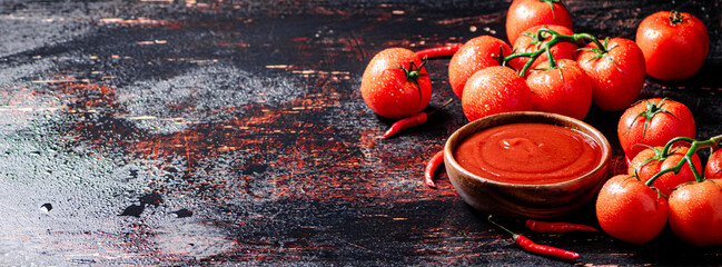 Poster - Tomato sauce in a plate with red pepper trays. 