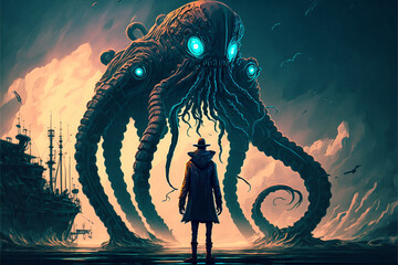 Wall Mural - a man standing in front of a giant octopus, Generative AI