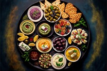  A Plate Of Various Types Of Mezze Or Tapas, With Different Dips, Spreads, And Small Plates Of Appetizers. Professional Food Photography, Fresh Color Background, Created  Whit  Generative AI