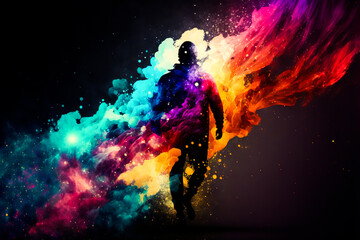 Wall Mural - Male walk in abstract multi color paint explosion on black background. Freeze motion male walking through paint splash. Paint clouds with person silhouette on black background, Generative AI.