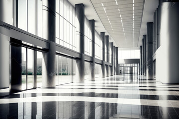 Empty entrance hall of modern public station or large convention center lobby . Contemporary beautiful office hallway with bright and clean composition. Peculiar AI generative image.