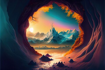 
Background image. View from the cave to the fantasy world. The landscape of mountains and plants. Sunset. Generative AI