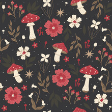 Seamless Pattern With Fly Agaric And Flowers. Vector Graphics.