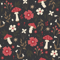 Wall Mural - Seamless pattern with fly agaric and flowers. Vector graphics.