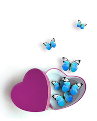 Wall Mural - Open heart shaped gift box with butterfly on white background. Design for Valentine's Day.