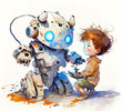 © BubertArt - Cartoon scene with little boy playing with robot on white background. Digital watercolor painting for children, generative ai