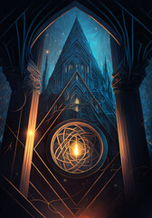 Canvas Print - Gothic building with mystic glowing portal and magic runes, dark blue vertical illustration