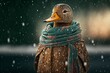 illustration de l'expression il fait un froid de canard - canard avec une écharpe dans la neige - illustration ia