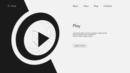 Glowing play button sign, start video mark in circle, live streaming media, futuristic wireframe geometric sign in perspective, vector monochrome business background