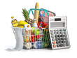 Shopping cbasket full of grocery food with receipt and calculator isolated on white. Home budget, savings, inflation and consumerism concept.