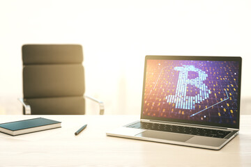 Poster - Modern computer display with creative Bitcoin symbol hologram. Mining and blockchain concept. 3D Rendering