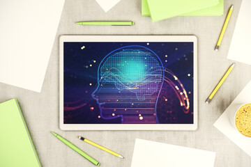 Poster - Top view of modern digital tablet screen with creative human head microcircuit. Future technology and AI concept. 3D Rendering