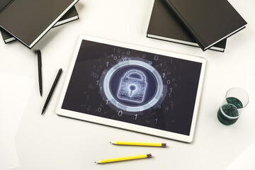 Poster - Creative idea concept with lock symbol and microcircuit illustration on modern digital tablet screen. Protection and firewall concept. Top view. 3D Rendering