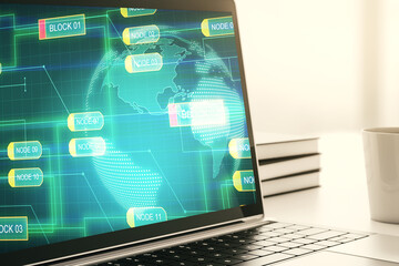 Poster - Modern computer screen with abstract graphic coding sketch and world map, big data and networking concept. 3D Rendering