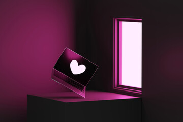 Poster - Heart symbol and laptop with pink window light concept 3d rendering