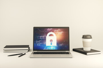 Poster - Creative light lock illustration with postal envelopes on modern computer monitor, cyber security and email protection concept. 3D Rendering