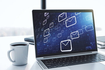 Poster - Creative abstract postal envelopes hologram on modern computer monitor, email and notification concept. 3D Rendering