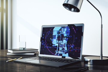 Aufkleber - Modern computer monitor with creative artificial Intelligence symbol. Neural networks and machine learning concept. 3D Rendering