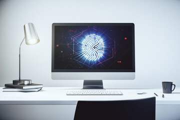 Poster - Modern computer screen with creative fingerprint hologram, personal biometric data concept. 3D Rendering