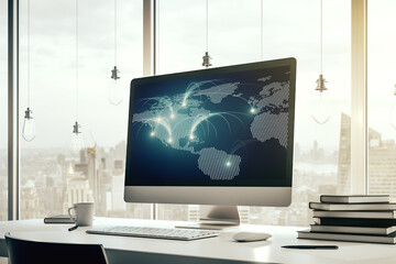 Poster - Modern computer monitor with abstract digital world map with connections, research and strategy concept. 3D Rendering