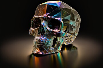 Wall Mural - Crystal skull illustration with octagonal shapes, dark background. Generative AI