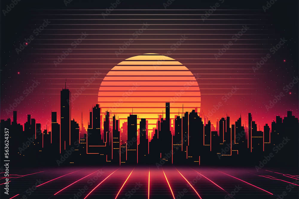 Stock-Illustration „80s Retro Sci-Fi Background with Night City Skyline ...