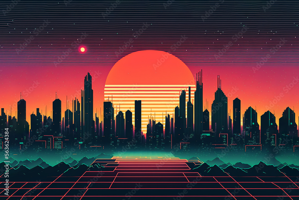 Stock-Illustration „80s Retro Sci-Fi Background with Night City Skyline ...