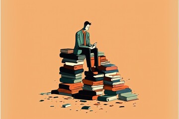 Digital illustration of man sitting on a pile of books, background. Generative AI