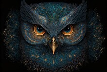 Digital Illustration Of The Face Of A Mystical Owl With Incredible Shapes. Generative AI