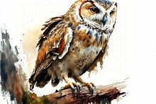Beautiful Owl Painting On White Background. AI Digital Illustration