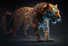 Mystical Tiger With Amazing Shapes, Dark Background. AI Digital Illustration