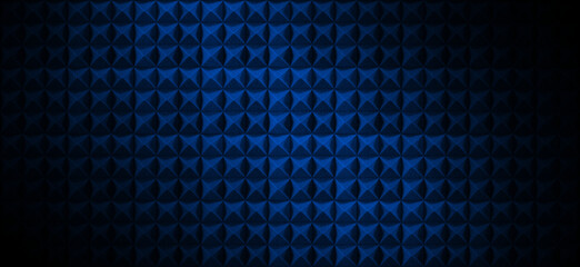 Dark acoustic foam wall with blue light. Recording studio room background with sound proofing texture. Radio broadcast or podcast background with copy space for website banner design