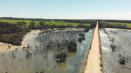 Wall Mural - Kangaroo Island unpaved road along lake and trees, aerial view from drone - Australia