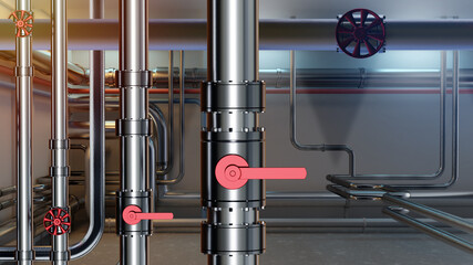 Poster - background with pipes. industrial building with pipeline. steel pipes with red valves. pipeline insi