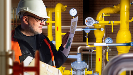 Poster - man builder in room with pipes. guy in boiler room production room. concept construction oil refiner