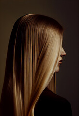  
Perfekte, gesunde und glänzende blonde Haare im Fokus eines Portraits. Perfekt für Friseur- Haarfarbe- und Shampoo- werbung. -Generative Ai