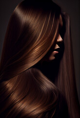  Perfekte, gesunde und glänzende kastanien braune Haare im Fokus eines Portraits. Perfekt für Friseur- Haarfarbe- und Shampoo- werbung. -Generative Ai