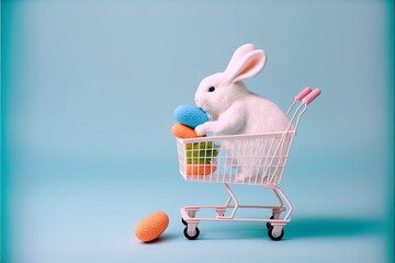 Cute Easter bunny rabbit sitting in shopping basket and colored eggs for spring easter holiday background design.