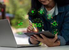 Investment Business Concept Based On ESG (environmental, Social, And Governance). Women Analyze ESG On A Digital Tablet While Surrounded By ESG Icons. In The Concept Of Business Investment Strategy.