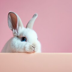 Wall Mural - Cute easter rabbit sitting on pink background with empty space for text or product. Currious small bunny symbol of spring and easter