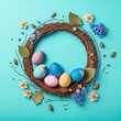 Colorful easter eggs with meadow flowers, dried sticks berries circle frame on blue with space for text digital art style. Easter spring holiday design template